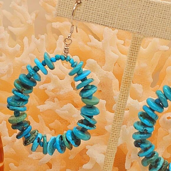 Sleeping Beauty Turquoise Sterling Silver Artisan Hoop Earrings - Picture 1 of 8